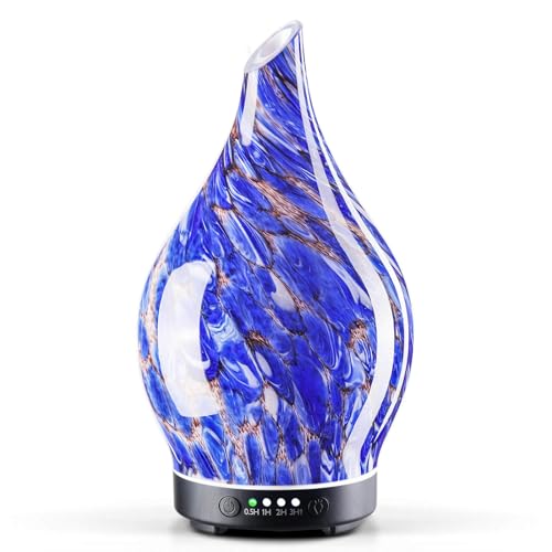 Porseme Difusor de aroma de 100 ml, difusor de cristal soplado a mano para aceites esenciales, humidificador con temporizador, ultrasonidos, silencioso, 7 tipos de colores de luz LED, apagado