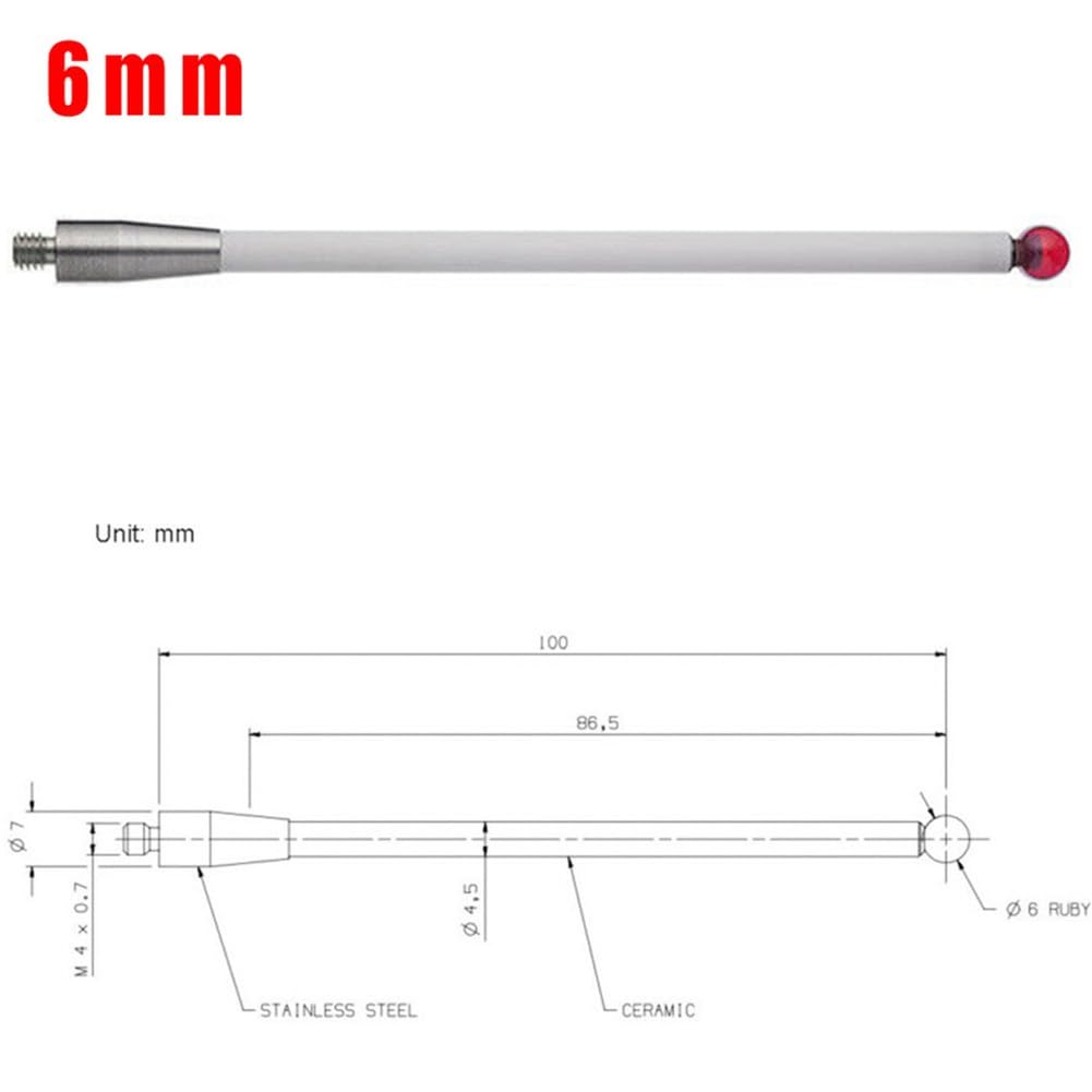 2er-Pack CMM-Taststift für Renishaw A-5000-3712, 100 mm Keramikstab mit 6,0 mm Kugelspitze, für Koordinatenmessgeräten, industrietauglich, verschleißfest, temperaturstabil