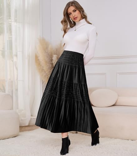Women's Velvet Pleated Midi Skirt Elastic High Waist Fall Winter Tiered A-Line Party Long Skirts3