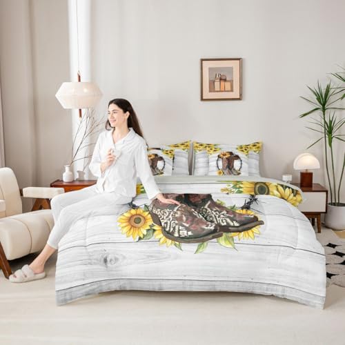 Image of Western Comforter Set 7-Piece Bed in a Bag Twin Sunflower Bedding Sets Cowboy Boots for Men,Bohemian Flowers Comforter and Sheet Set,Cowboys Gifts for Women,Cowboy Hats Bed Sets,Rustic Farmhouse Decor