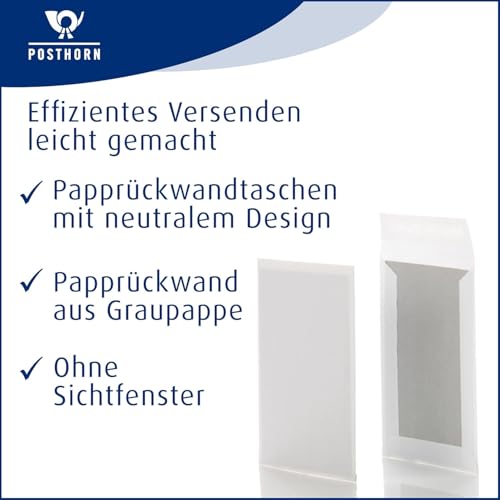 POSTHORN Papprückwandtasche (100 Stück) 280x185mm, haftklebende Versandtasche mit Papprückwand, weiße Umschläge mit Papprückwand aus Graupappe 450g/m², 120g/m²