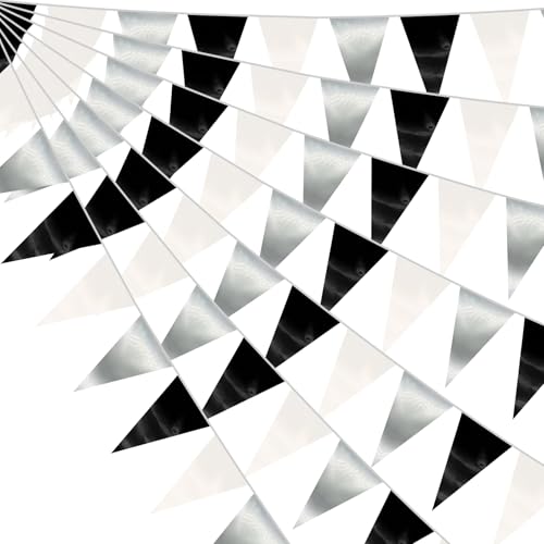 Image of 130FT Black White Silver Triangle Pennant Banner Flag Metallic Fabric Bunting Garland for Christmas Graduation Birthday Wedding Bridal Shower Nautical Ahoy Achor Theme Party Decorations Supplies