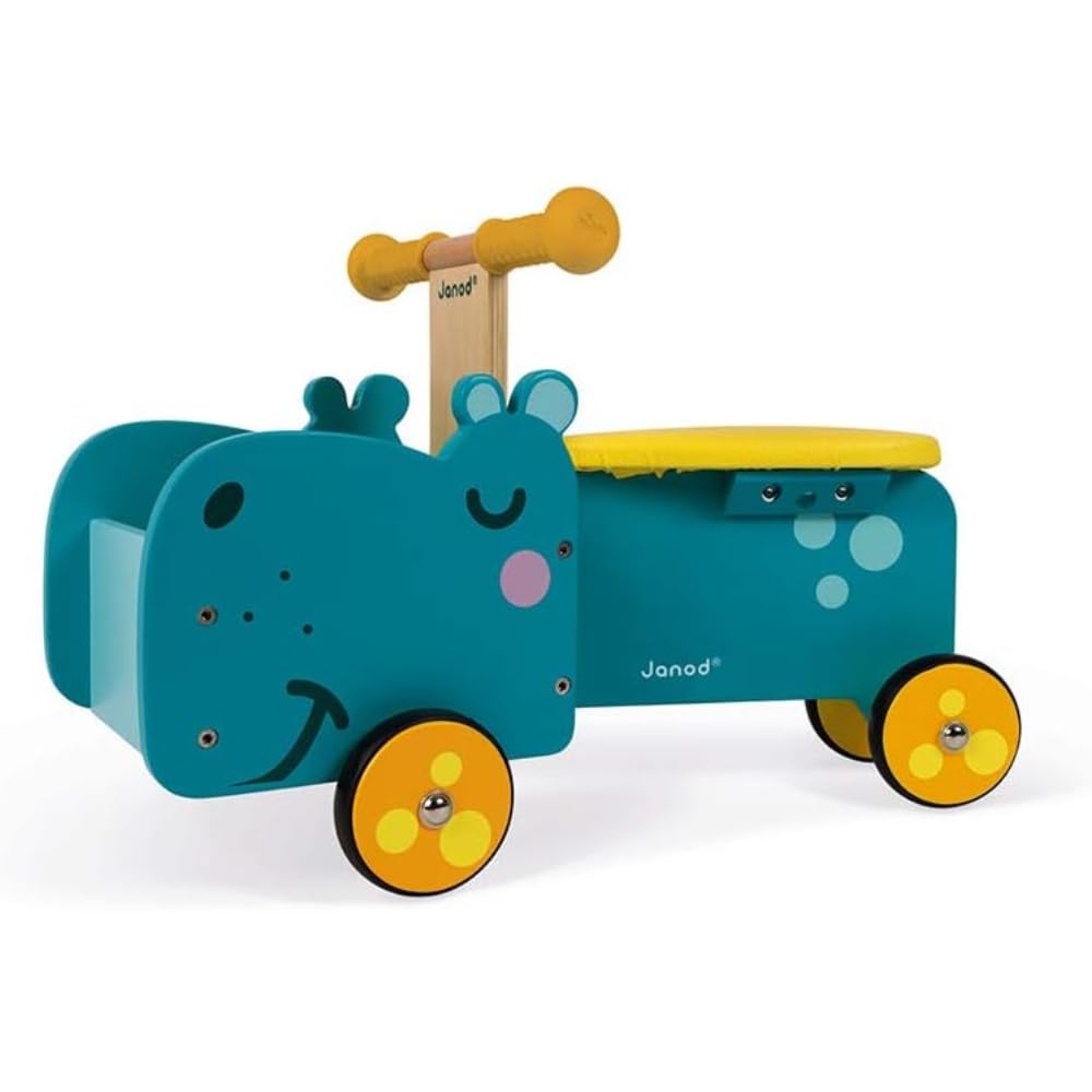 Janod - Cavalcabile per Bambini in Legno Ippopotamo - Maniglie Ergonomiche e Ruote Silenziose - Scomparto per Riporre - Apprendimento dell'equilibrio - A Partire dall'anno, J08003, Blu e Giallo
