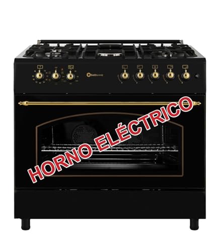 SOLTHERMIC F9L50E5R COCINA GAS CON HORNO ELECTRICO NEGRA RUSTICA CON MANDOS DORADOS/ANCHO 90 CMS / 5 FUEGOS/HORNO PANORAMICO 115 L. / GAS BUTANO Y GAS CIUDAD/ENTREGA A DOMICILIO