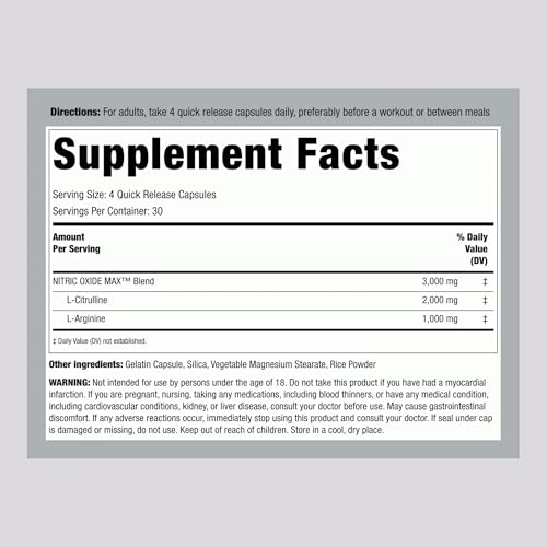 Image of Piping Rock Nitric Oxide Supplement | 3000mg | 120 Capsules | Precursor for Men and Women | Max Blend with L Arginine and L Citrulline | Non-GMO, Gluten Free