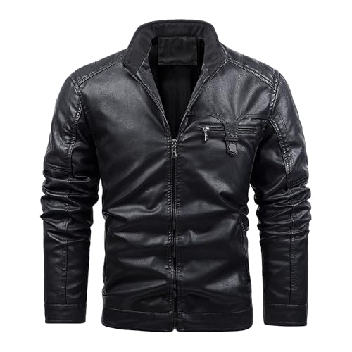 Chaqueta de piel sintética con cuello alto para hombre, diseño de múltiples bolsillos, para motocicleta, chaqueta de piel gruesa para hombre, Negro 1, XL