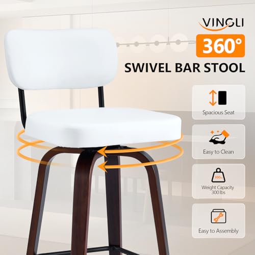 VINGLI Butaco Moderno para Bar, Giratorio 360°, Tapizado en Cuero Sintético PU, Patas de Madera Sólida, Blanco, Pack de 2 miniatura 4