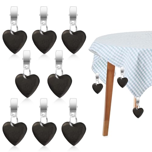 Qcdou Pesos para Manteles, 8 Piezas Contrapesos Cortinas con Clips, Forma de Corazón, Mármol Natural, Sujeta Manteles de Mesa Exterior, para Manteles para Jardines, Fiestas, Picnics (Negro-B)