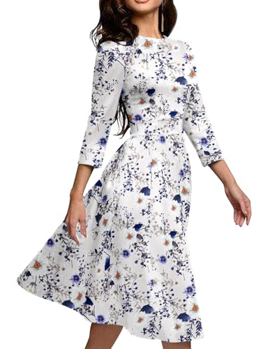 Image of Simple Flavor Women's Floral Vintage Dress Elegant Midi Evening Dress 3 /4 Sleeves