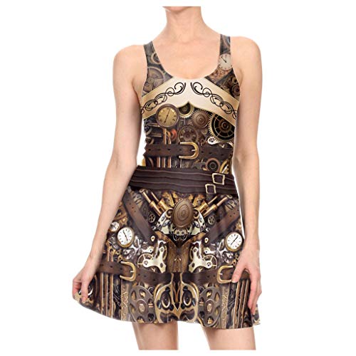H.eternal(TM) Women Machine Print Fancy Dress Round Neck Zipper Long Sleeve Mini Slim Dress Cosplay Costumes Gold