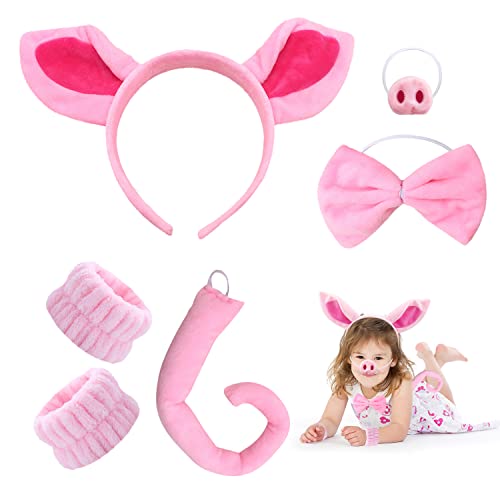 PFLYPF Conjunto de 6 acessórios de porcos, orelhas de porco, adorno para o cabelo, gravata-borboleta, pulseira de felpa, de porco, nariz, cosplay para crianças, Halloween, acessórios para festas