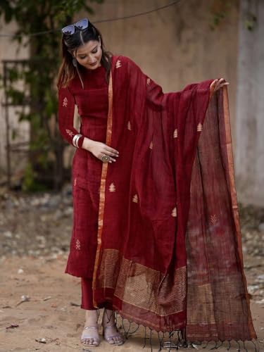 Image of GoSriKi Viscose Printed Straight Kurta with Pant and Dupatta for Women | Viscose Cream | 3 /4 Sleeve | High Neck | Ethnic Wear Casual Wear
