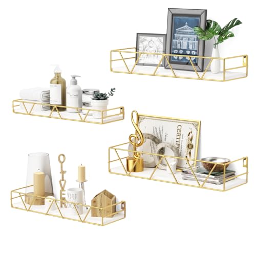 Amaoot Floating Shelves Set of 3 Home Wood Wall Shelf Farmhouse Shelf for Bedroom Wall Mounted Floating Shelf for Living Room Bedroom Bathroom Kitchen Office (Gold-4pcs)
