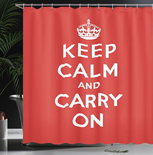 ABAKUHAUS Keep Calm Shower Curtain, Bicolour Composition Carry on Text Royal UK Crown Calligraphic Image, 78 Inches, Red White - Image 3