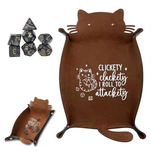 1 Stück Würfeltablett Mit Katzenmotiv und 7 Stück Würfel | Samt & Leder Dice Tray für DND RPG & Brettspiele | Würfelteller mit Metallknöpfen | Würfelbrett