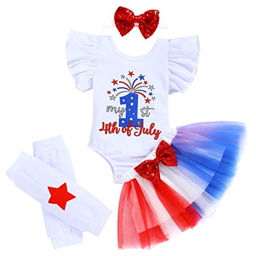 Image of Baby Girl My 1st 4th of July Outfits Infant Ruffles Sleeve Romper+Tutu Skirt+Sequins Headbands 4PCS Clothes Set(White,3-6 Months)