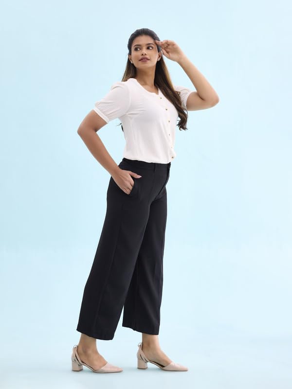 Image of GO COLORS Poly Spandex Crepe Wide Pants Full Length for Women| Lightweight, Mid Rise, Side Pockets