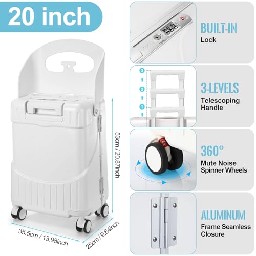 Image of 22 Inch Carry on Luggage with Seat for Kids Expandable Ride on Suitcase with Spinner Wheels and Locks for Travel (Black), White, 20 Inch