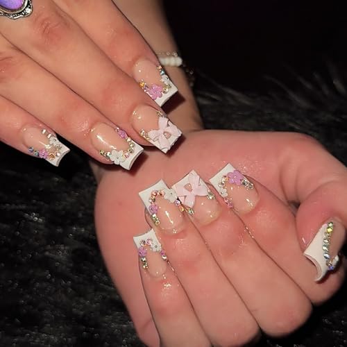 Square Press on Nails French Tip Fake Nails Medium False Nails with Rhinestones Designs Stick on Nails Bow Glue on Nails Glossy Artificial Nails for Wmoen 24 PCS