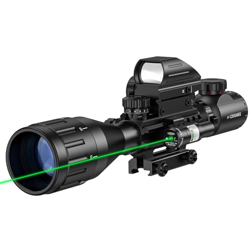 MidTen 4-12x50 AO Hunting Rifle Scope Dual Illuminated Rangefinder Optics & 4 Holographic Reticle Red/Green Dot Sight & Laser Sight