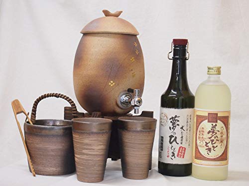信楽焼・明山窯 焼酎サーバー 火色金小紋 2200cc(滋賀県)+萬古焼・備前金彩焼酎ペアカップ 氷入れ(三重県)+麦焼酎 井上酒造 5年長期熟成夢の