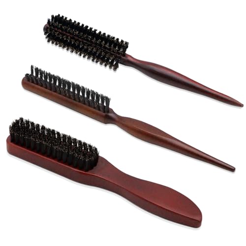 Rigidstone Pack of 3 Boar Bristle Brush, Hair Brush with Wooden Handle, Sleek Bun Brush, Beard Brush Made of Bristles