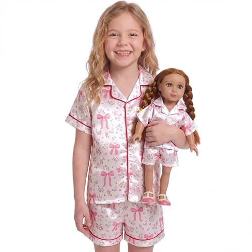 FIOBEE Girls Satin Pajamas Doll Matching Clothes Stain Button Down Pjs Set Fits 18 Inch Dolls Soft Silky Toddler Kids Sleepwear White Floral