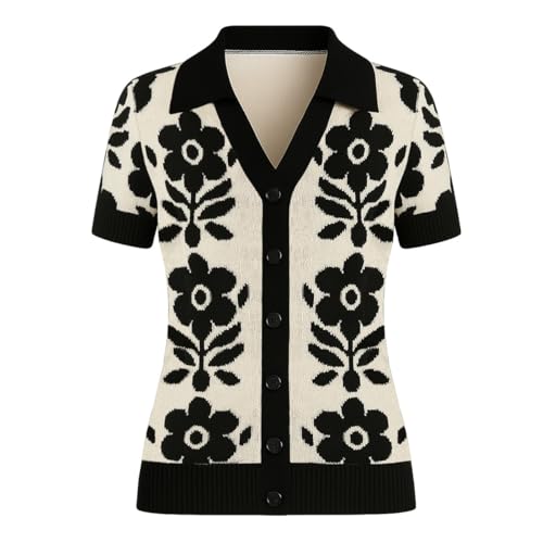 Women's Knit Polo Shirts Short Sleeve, 1960s Mod Style Retro Florals Casual V-Neck Tops with Button, Black Beige