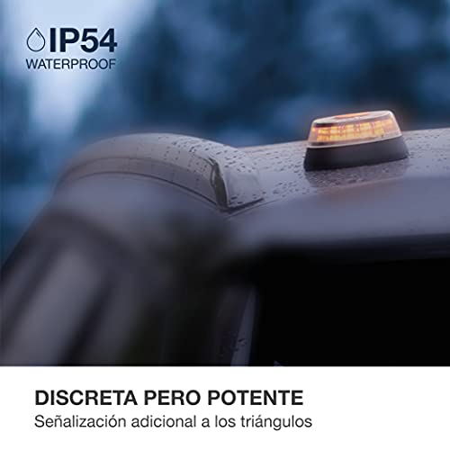 Luz de emergencia V16 instalada sobre el techo de un coche, resistente al agua y discreta pero potente