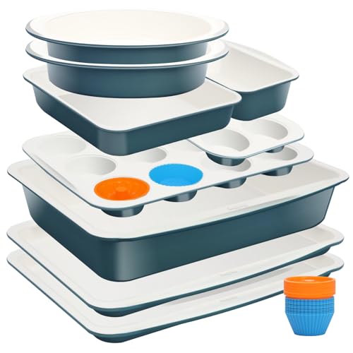 Ymiton Ceramic Nonstick Baking Pans Set, Non Toxic 33 PCS Stackable Bakeware Sets, 550°F Oven Safe