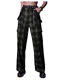 WDIRARA Women's Tartan Plaid Print Elastic Waist Pants Grunge Straight Leg Pants Trousers