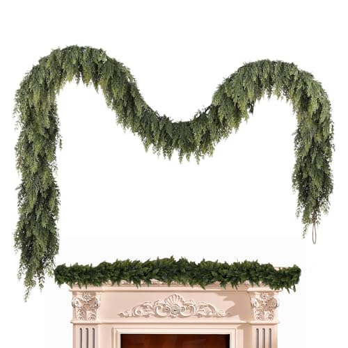 Ghirlanda Di Cedro Artificiale Realistica, 1.8m Ispessita Ghirlanda Natalizia, Ghirlande Sempreverdi Invernali Finte Verdi, Decorazioni Natalizie per Armadietti, Mensole, Caminetti, Pareti, Tavoli