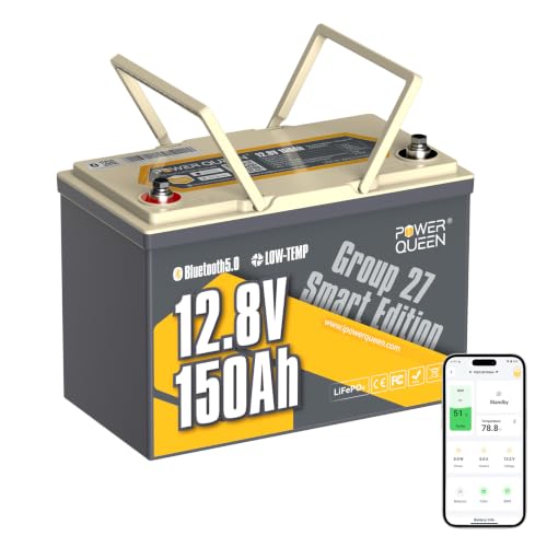 Image of Power Queen 12V 150Ah LiFePO4 Lithium Battery Bluetooth for Marine, RVs | Group 27,150A BMS, Up to 15000 Cycles, IP65 Waterproof, Low Temp Protection, 1920Wh for Trolling Motor, RV Motorhome, Solar