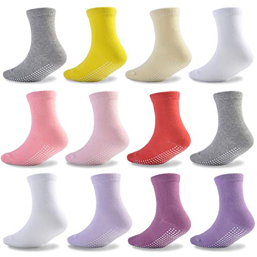 EPEIUS Baby Non-Slip Socks Toddlers Girls Boys Crew Socks with Grips Non Skid 6/12 Pack 1-10 Years
