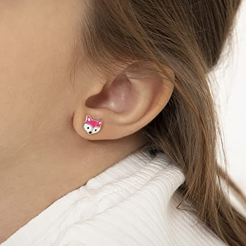 925 Sterling Silver Girls Fox Earrings with Screw Backs Pink & White Enamel - Cute Jewelry for Kids of All Ages3