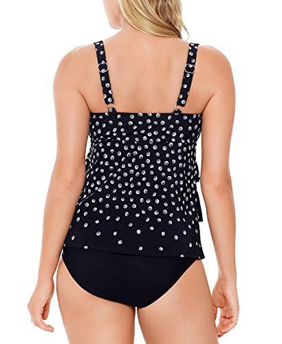 Swim Solutions Tanquíni feminino Galactica com estampa de bolinhas em camadas, Preto, 14