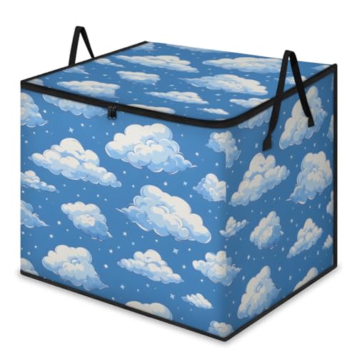 Mintoprints Bolsas de almacenamiento grandes con nubes blancas, compartimento de almacenamiento de ropa, organizador plegable, contenedor de almacenamiento con asa para ropa, manta, edredón