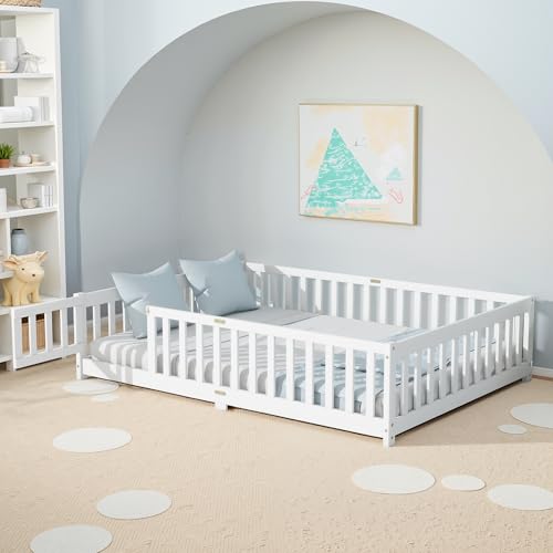 Lyngins Full Size Floor Bed, Toddler Floor Bed Frame with High Guardrails, Solid Wood Montessori Beds Full with Support Slats, Fence and Door for Kids, Boys or Girls - White