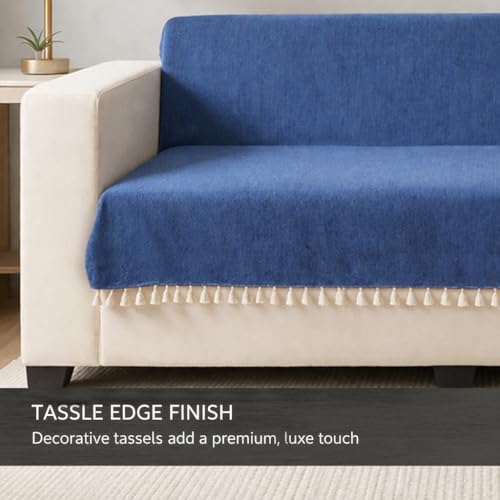 Image of STITCHNEST Blue Chenille Sofa Cover 70x60 Inch - Soft, Durable & Textured Fabric with Tassels | Full Coverage Sofa for Living Room, Bedroom, or Drawing Room