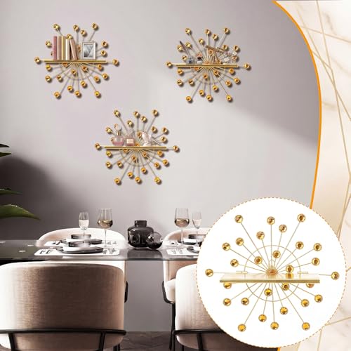 Image of Yaocom 3 Pcs Crystal Floating Shelves, Bling Sparkle Metal Starburst Wall Decor Shelves, Gold Folding Wall Mounted Storage Shelf for Bedroom Bathroom Living Room Kitchen Office