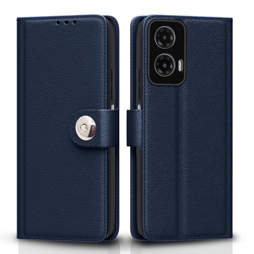 Image of Pikkme Flip Cover Leather Finish | Inside TPU with Card Pockets | Wallet Stand and Shock Proof | Complete Protection Button Flip Case for Moto G35 5G(Blue)