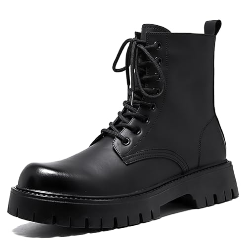 Men'S Black Leather Lace Up Platform Combat Boots Retro Wide Toe Side Zipper Comfort Chunky Lug Sole High Top Riding Motorcycle Boots Casual Waterproof Non-Slip Dress Chukka Booties