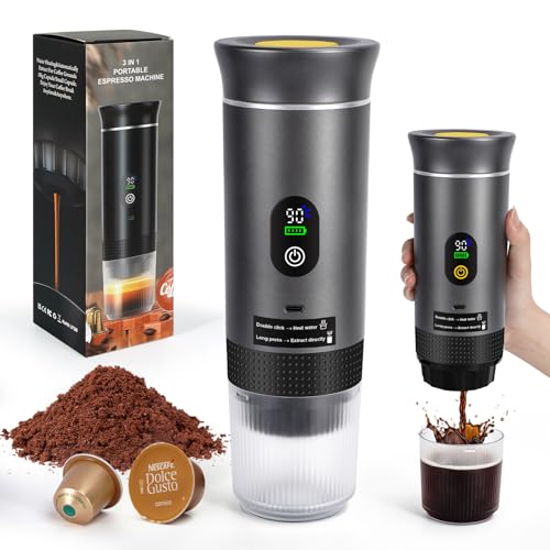 SOPPY Portable Espresso Coffee Maker, Capsule Machine with Self-Heating Technology, Compatible with Various Capsules & Ground Coffee, Ideal for Camping, Travel, Office & Home Use (Grey)