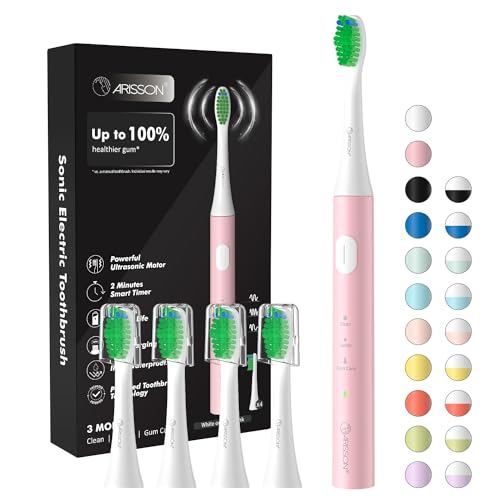 Image of ARISSON Electric Toothbrush for Adults and Teen, Travel Sonic Toothbrush with 4 Duponts Brush Heads, 1.5H Fast Charge for 90 Days, 40,000 VPM Rechargeable Toothbrushes, White on Baby Pink