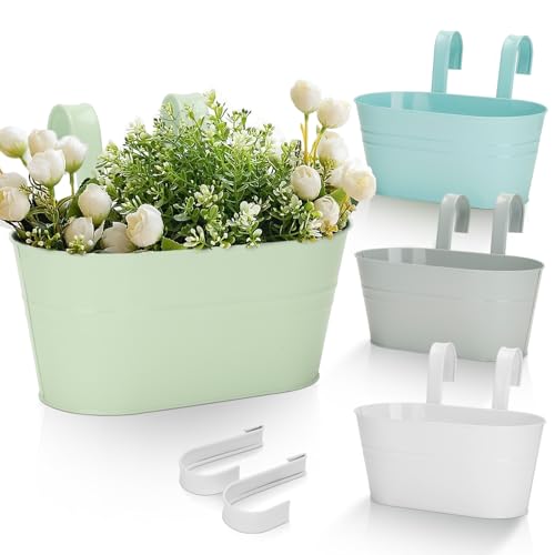 KINGLAKE 4 vasi per piante da appendere, in metallo, 27 cm, colorati, da appendere, per balconi, ringhiere, decorazioni per la casa, con ganci staccabili (colore macaron)