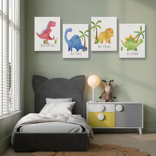 Image of Cute Watercolor Dinosaur Prints Inspirational Motivational Quotes Canvas Wall Art Nursery Decor Wall Decor Funny Poster Artwork for Kids Room Classroom Bedroom Decorations,4PCS,Framed,8x10IN