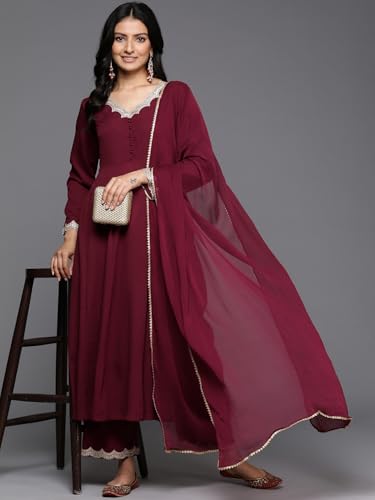 Image of Varanga Women Maroon Zari & Sequins Embellished Anarkali Kurta with Bottom and Dupatta - V-Neck, Potali Button Yoke, Long Sleeves