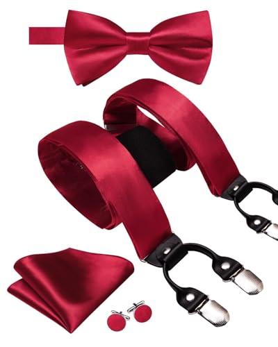 Image of Hi-Tie Men Suspender Bowtie Set Suspenders Pre-tied Bow Tie Pocket Square Cufflinks Adjustable Y Shape 6 Clips Braces Tuxedo
