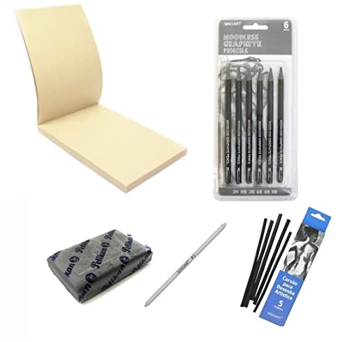 Kit Desenho Papel kraft A5+Lápis sinoart 6 graduações+limpa tipo 1 un+carvão+esfuminho2