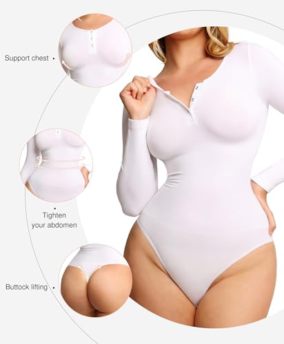 Image of Popilush Long Sleeve Shapewear Bodysuit Tummy Control Henley Button Up Modal Scoop Neck Body Suit Tank Tops